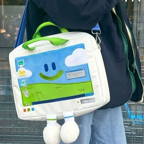 

Funny Cartoon Smiling Face Shoulder Bag for Students All-match Embroidery Laptop Bags Fashion Large Capacity Versatile Bags