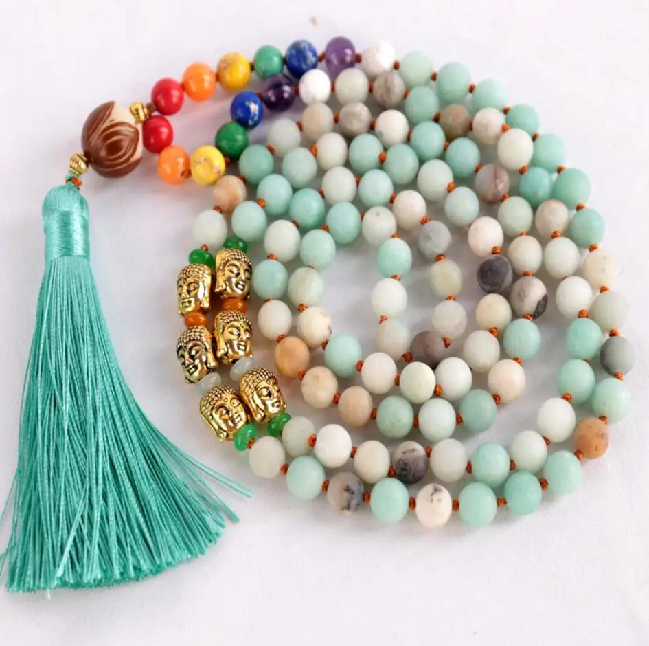 8mm 108 knot Amazonium 7 chakra gold Buddha head necklace Lariat Fragrant Statement Meditation Yoga Spiritual Gemstone Prayer