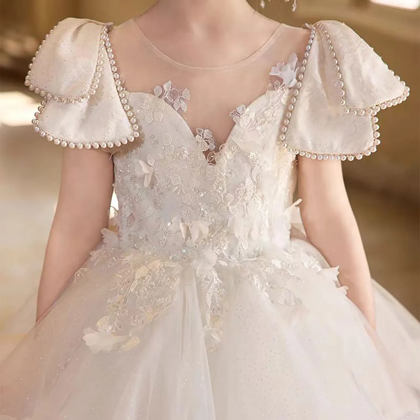 Dreamy Vow D317 Abito da ragazza di fiore in tulle con fiocco a cuore di lusso Principessa araba Prom per bambini Matrimonio Compleanno Festa Spettacolo