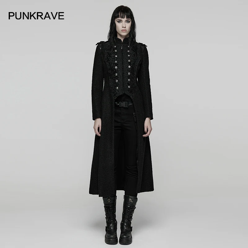 PUNK RAVE Women's Gothic Pointed Lace Symmetrical Double-Breasted Woolen Coat Skull Rivets Large A-line Hem Long Jacket