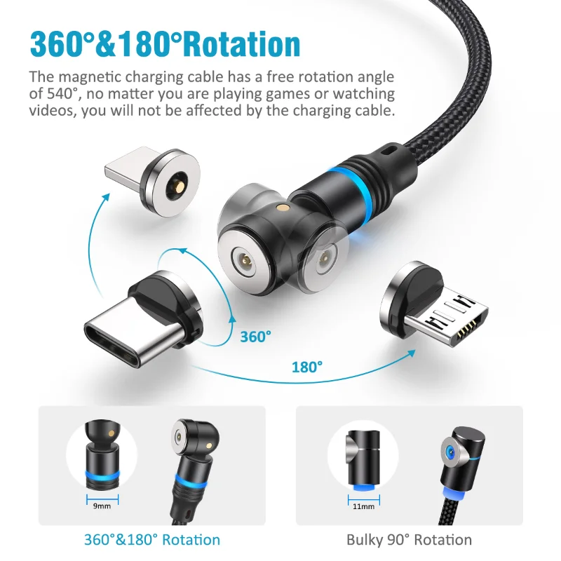 AUFU Magnetic USB Cable For iPhone Xiaomi Samsung Type C Cable LED USB Charging Data Charge 540 Rotate Micro USB Cable Cord Wire image 2