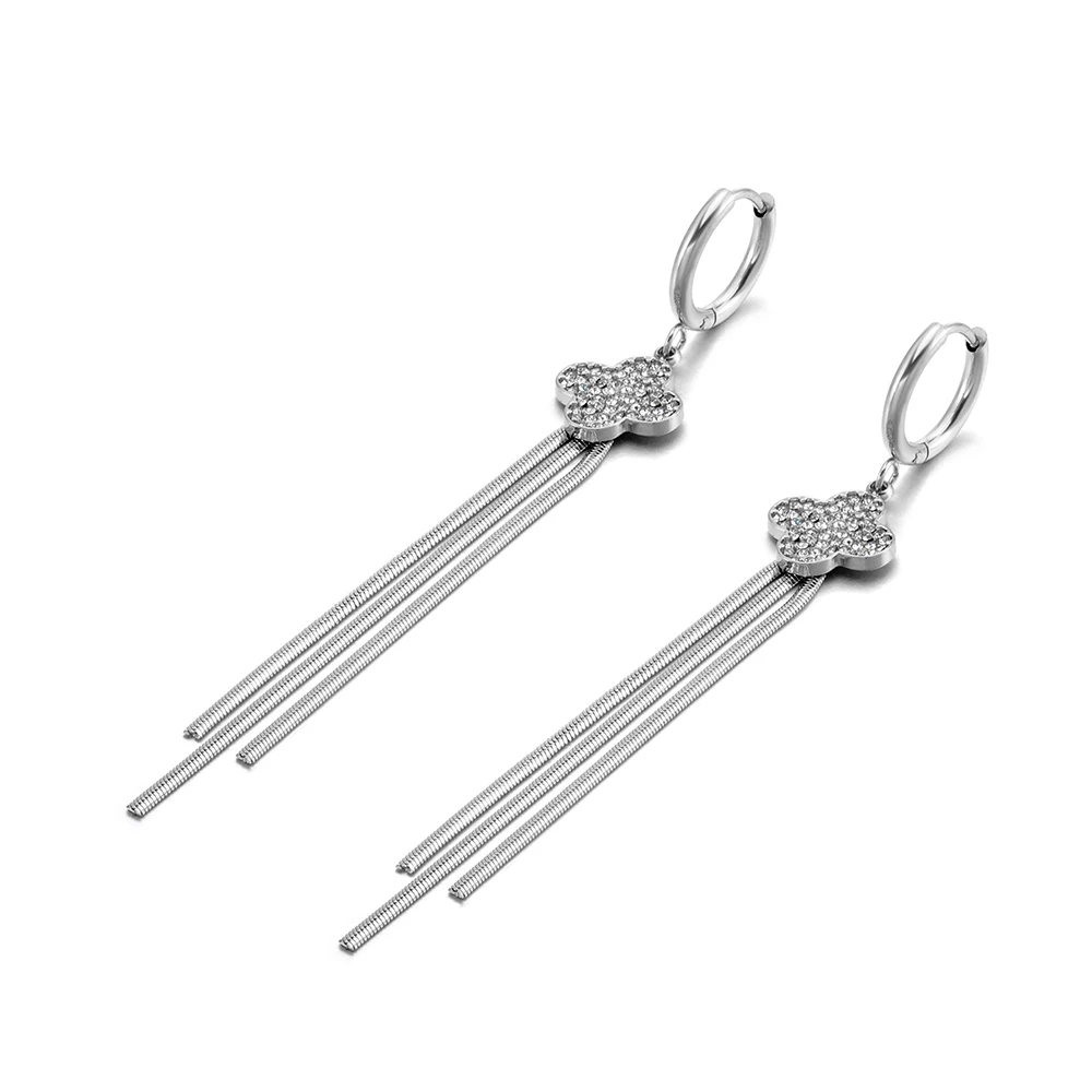 JeeMango Delicate Stainless Steel Zircon Flower Tassel Earrings Gold Plated Fashion Bohemia Party Dangle Earrings For Women