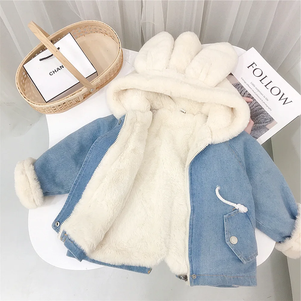 Children's Clothing Winter New Girls' Rabbit Ears Fleece Thickened Denim Jacket Baby Imitation Rabbit Fur Warm Trench Coat