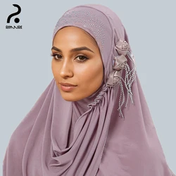 RIMAIRE-Hijabs florais clássicos femininos com diamante, turbante muçulmano, lenço islâmico, lenço feminino, xales de boné, moda instantânea, mais novo