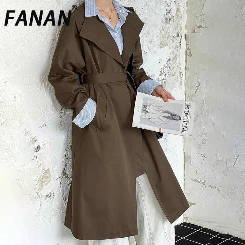 

FANAN Elegant Asymmetric Button Trench Women's Solid Belt Gathered Waist Long Windbreaker Female Coats 2025 Spring New Fashion