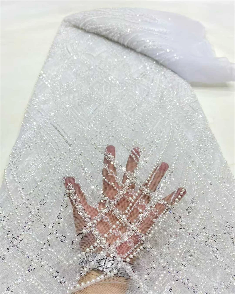

Luxury African Beaded Sequins Lace Fabric High Quality Nigerian Wedding Bridal Embroidery French Tulle for Groom Sewing