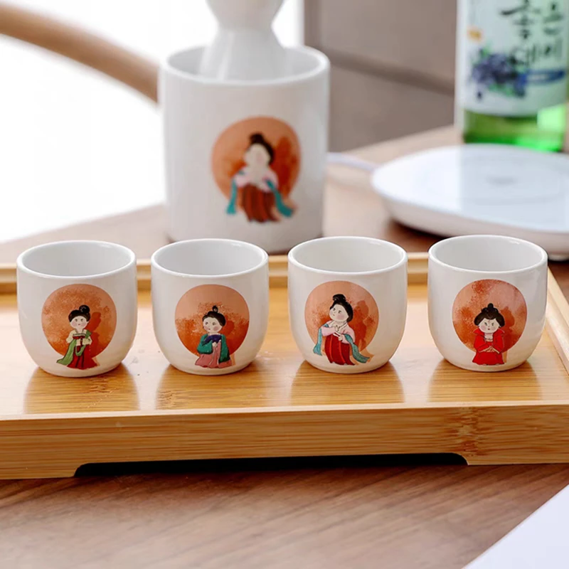 Ceramic Sake Set, 5pcs Princess Saki Set with 1 Sake Carafe 4 Sake Cups Soju Cup Tokurri Bottle 150ml