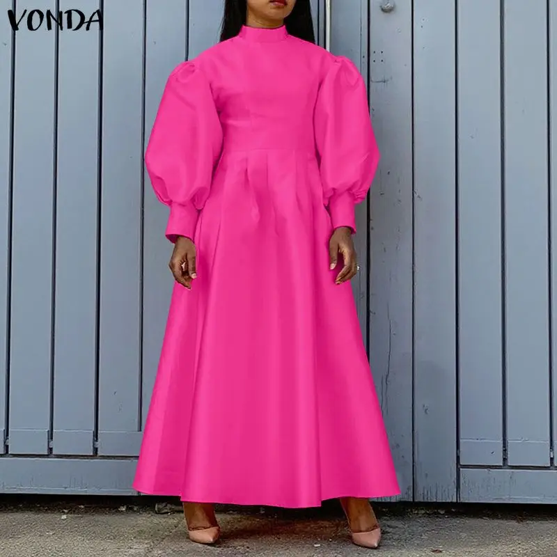 

Плюс размер 5XL VONDA Элегантное вечернее платье женское с воротником-стойкой и длинными пышными рукавами однотонный сарафан повседневный свободный атласный шелковый макси Vestidos
