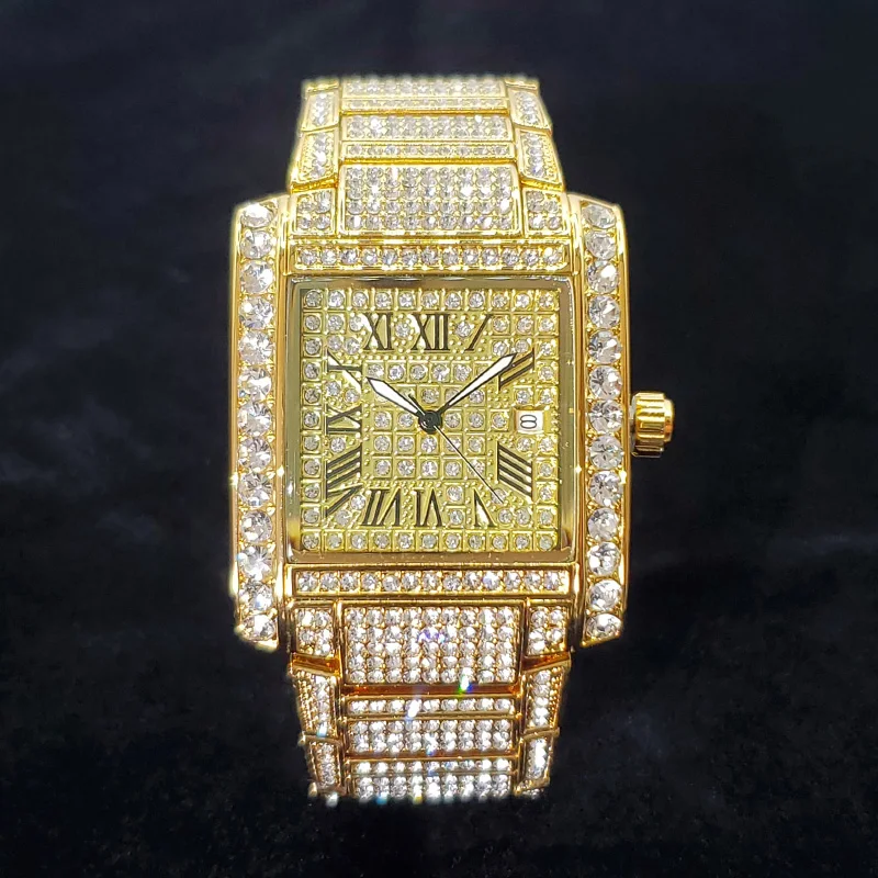 

Luxury Diamond Square Watches for Men Trendy Hip Hop Jewelry Quartz Timepiece Bling Bling Iced Out Golden Relogio Masculino Gift