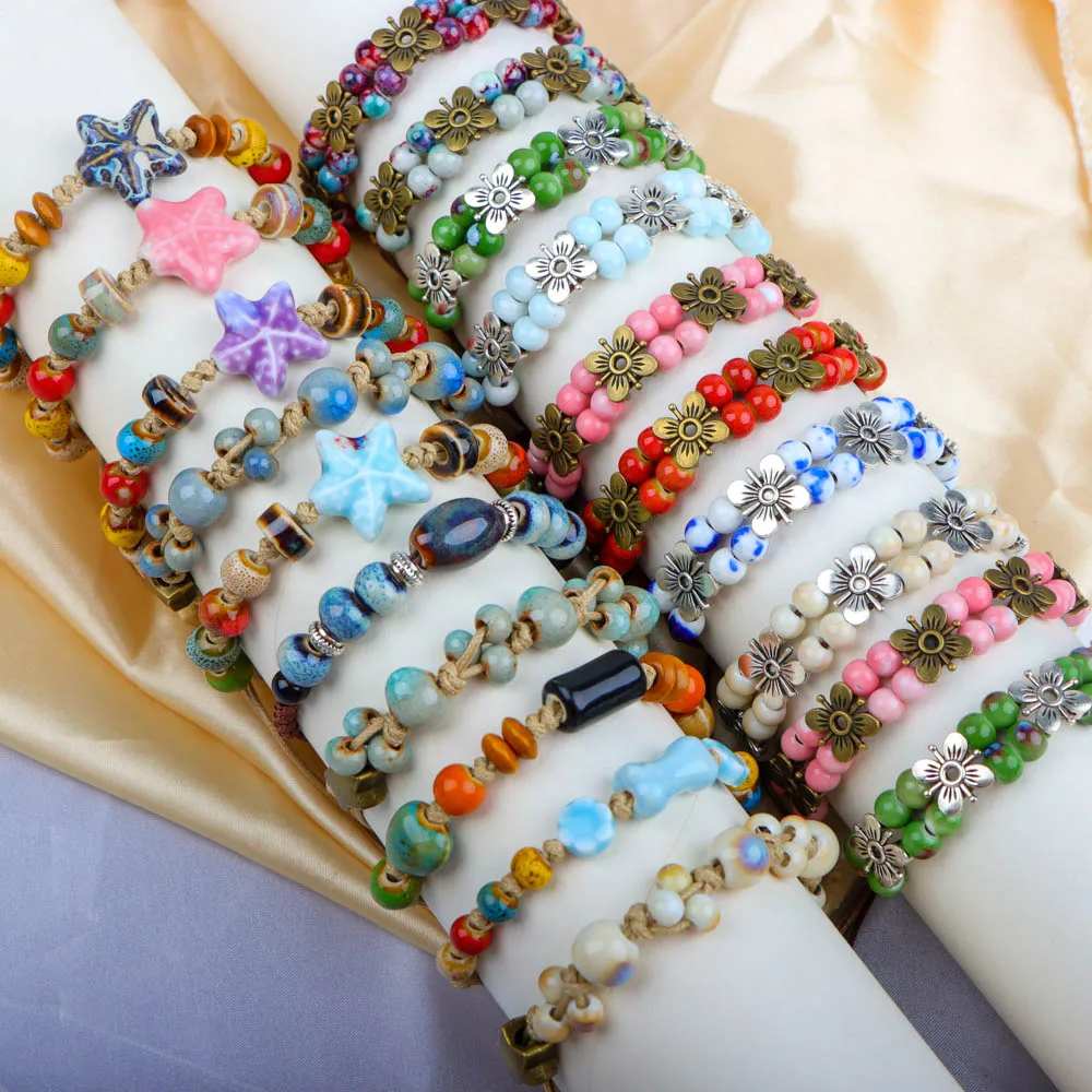 

20 Pcs/Lot Boho Ethnic Style Lucky Ceramic Bead Bracelet, Adjustable Wrist Accessories, Perfect Jewelry Gifts For Friends Family