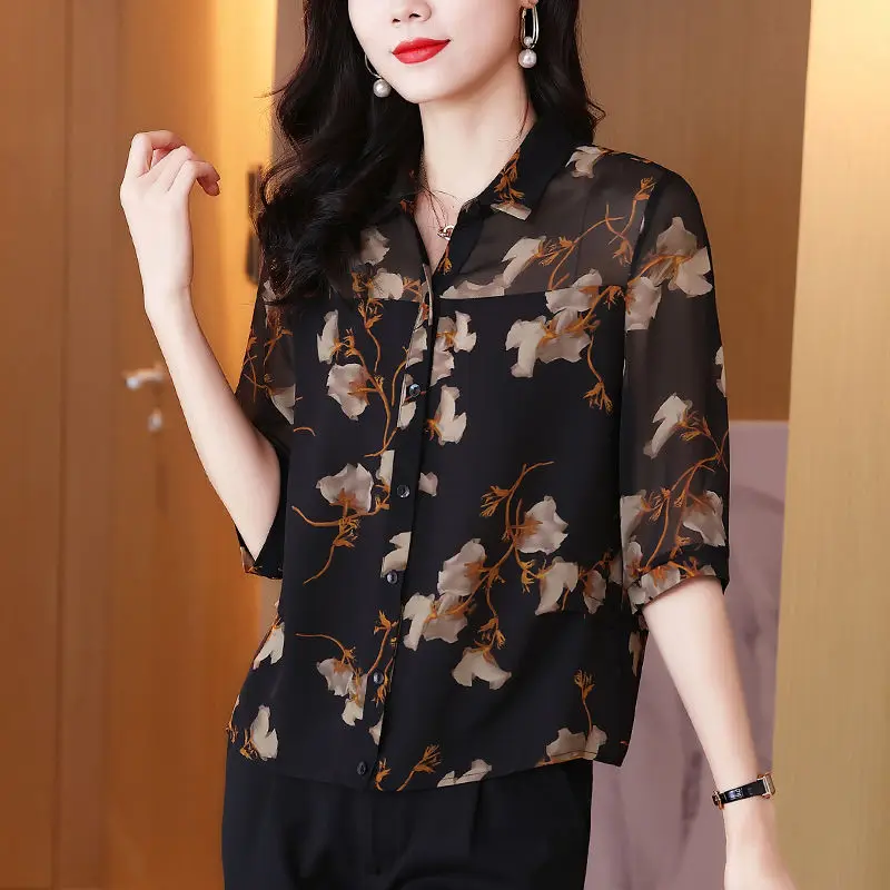 M-4XL Simulated Silk Shirt Top Women's Summer New Loose Half-sleeve Lapel Blouse Fashion Chiffon Blusas Femme