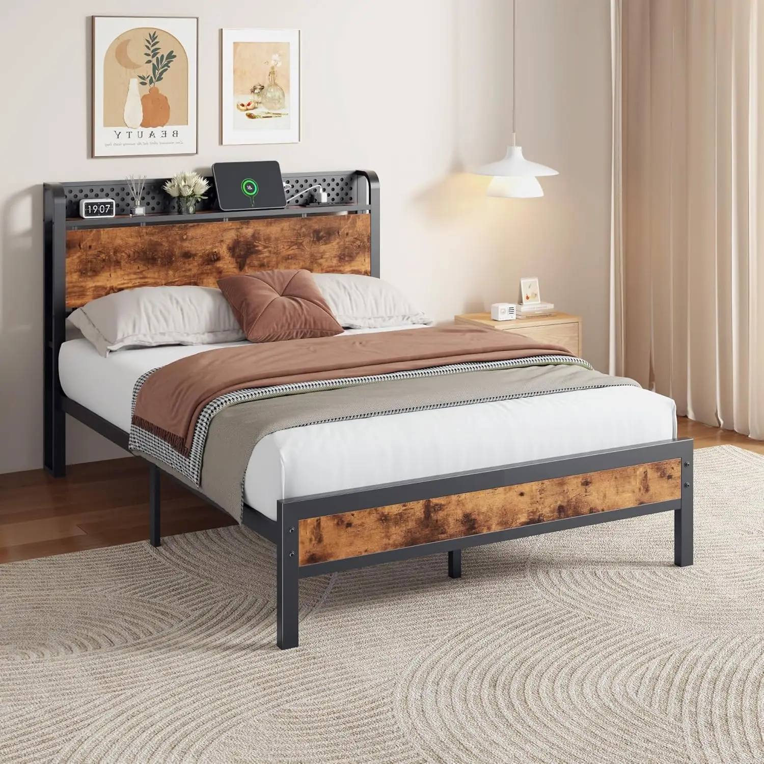 Full Size Bed Frame with Storage Headboard, Industrial Platform Bed with Charging Station and LED Lights, Heavy, Customized