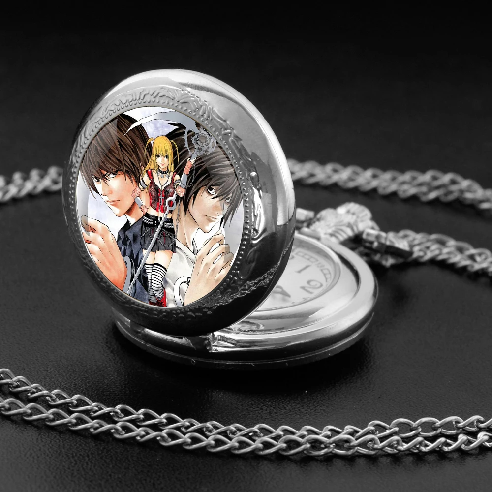 Anime Death Note Design Glass Dome Quartz Pocket Watch with Durable Chain Arabic Numeral Dial for Men and Women Creative Gifts