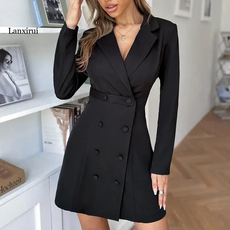 Mini robe Blazer à manches longues pour femme, tenue de bureau, Style militaire, col en v, Double boutonnage sur le devant, nouvelle collection