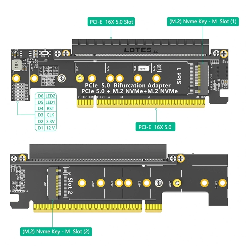 PCIExpress 16X 5.0 Adapters Card Supporting Double NVMe M.2 SSDs for Fast speed 32Gbps Data Transfer in Computing Applications