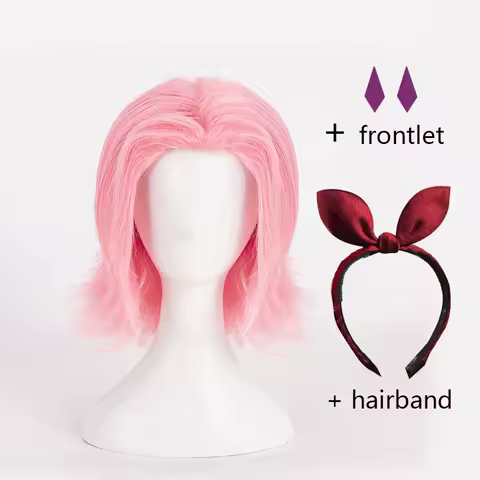 Anime Cosplay Haruno Sakura Cosplay Wig Young Version Short Pink Hair Wigs + Wig Cap + Frontlet tattoo + Hairband + Headband
