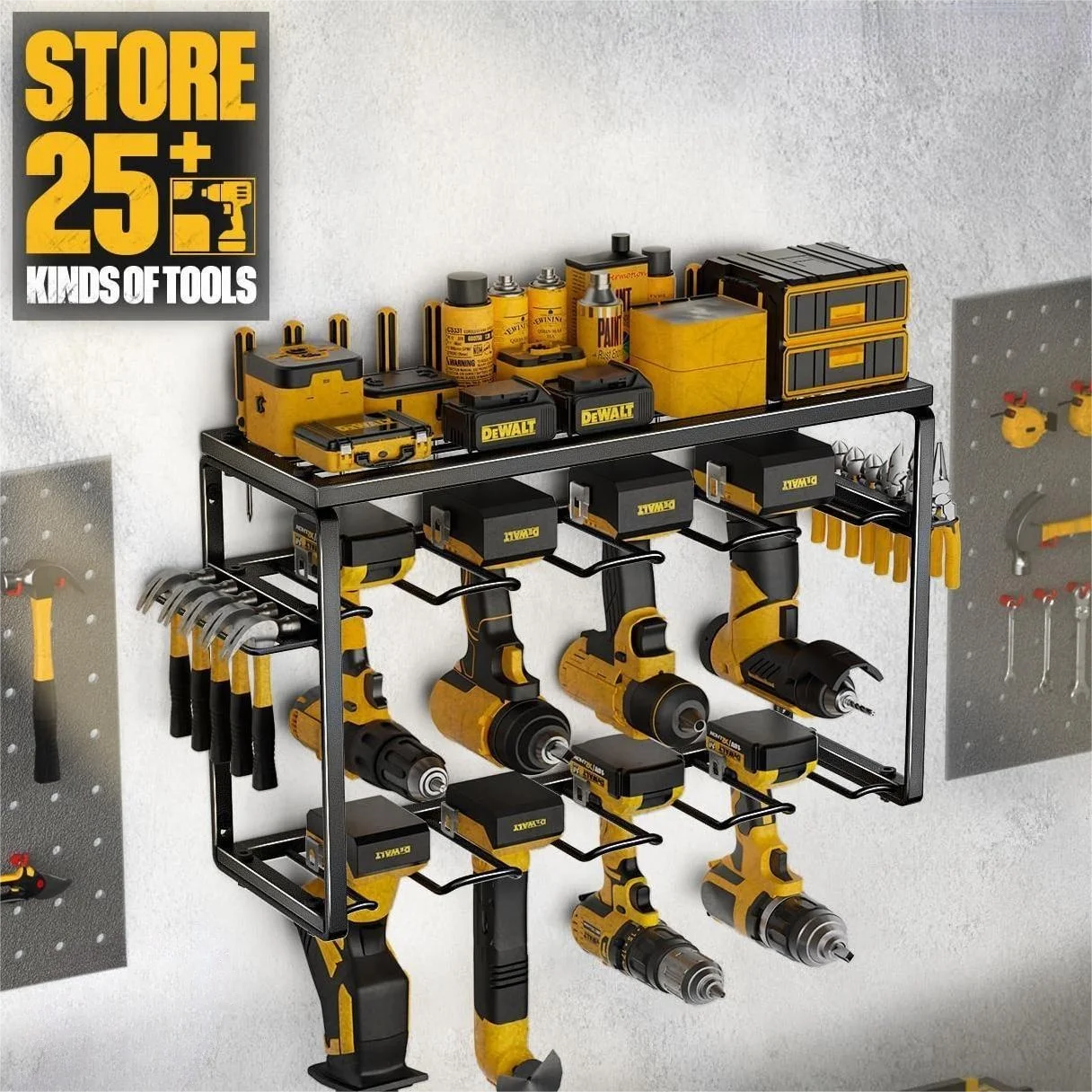 Metal Heavy Duty Organizers and Storage Tool Shelf with 8 Drill Holders Wall Mount 3 Layers Garage Power Tool Organizer