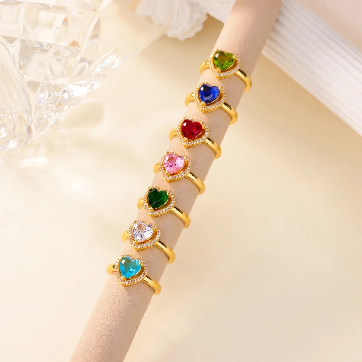 Luxury Colored Heart Zircon Rings for Women Gold Color Stainless Steel Adjustable Ring Femmes Lover Jewelry Gifts Daily Wear