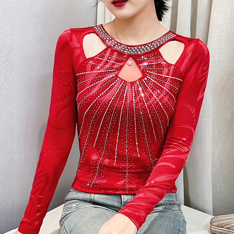 

2026 Spring Autumn Women Clothes Korean Fashion Lady T Shirt Round Neck New Fashion Hollow Out Shirt Slim Long Sleeve Mesh Tops