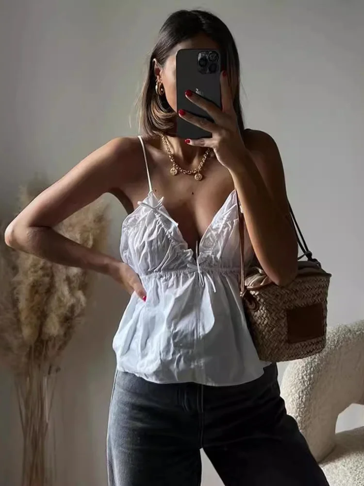 

Tossy Ruffled Lace-Up Sexy Camisole Top For Women V-Neck Patchwork Fashion Backless Tank Top Summer Women's Spaghetti Vest 2024