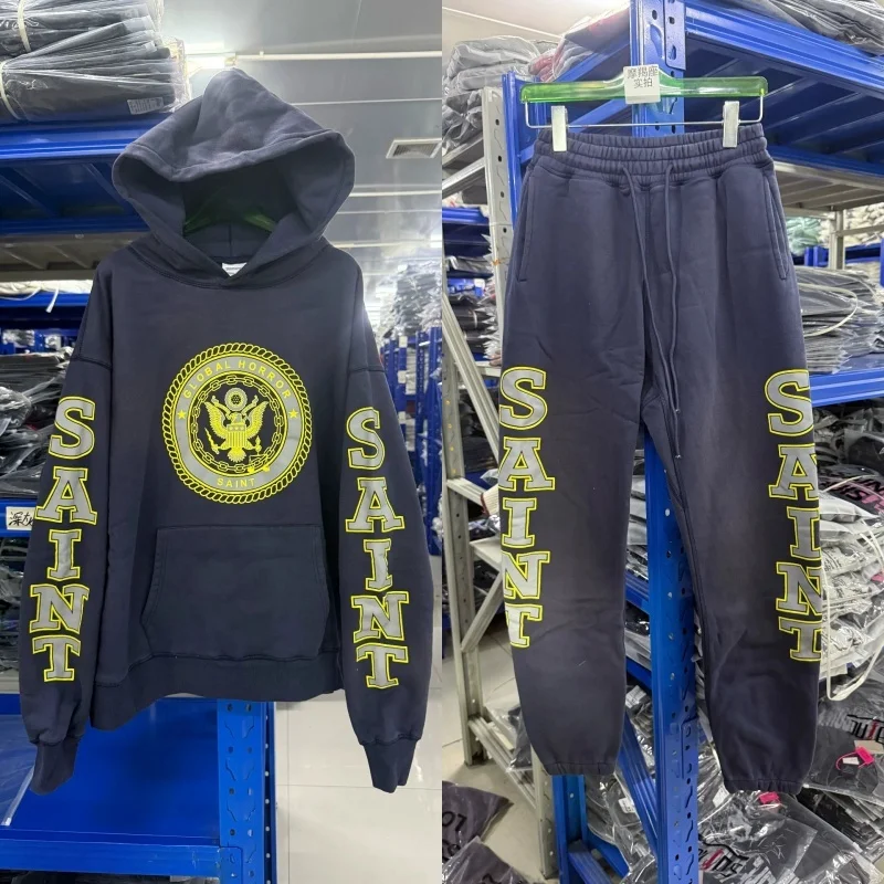 

High Quality Navy Medal Letter Print Saint Sweatpant Sweatshirt Casual Loose Washed Do Old Hoodie Pullover Men Women Long Pants