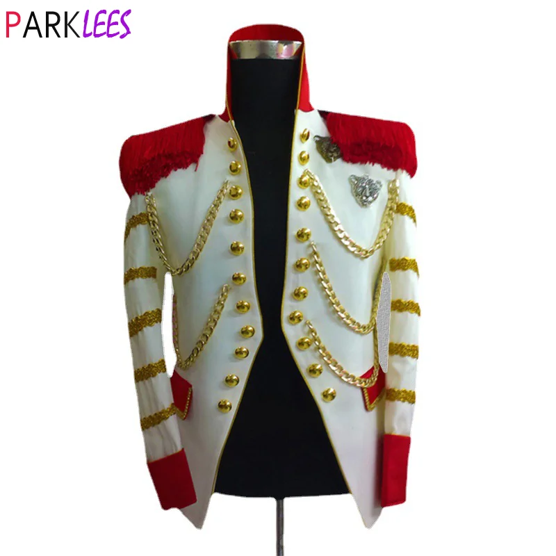 Mens White Steampunk Blazer Jacket Stand Collar Tassel Design Hussar Marching Band Military Drummer Parade Blazers Costume Homme