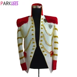 Mens White Steampunk Blazer Jacket Stand Collar Tassel Design Hussar Marching Band Military Drummer Parade Blazers Costume Homme