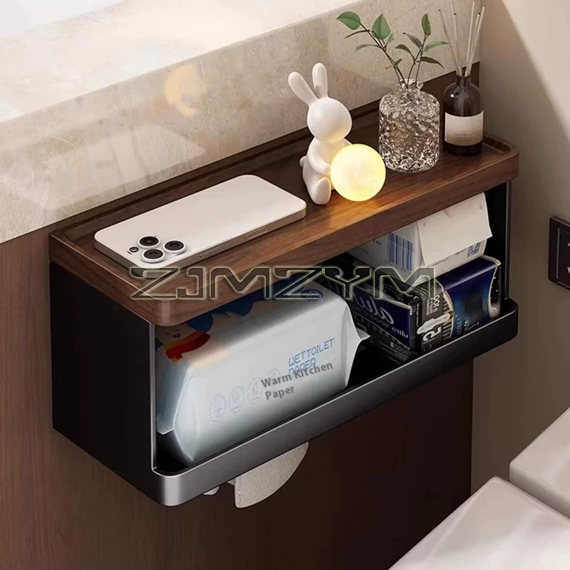 

Toilet Paper Holder with Black Walnut Shelf Bathroom Wall Mounted WC Paper Tissue Holder Double Roll Black Phone Rack