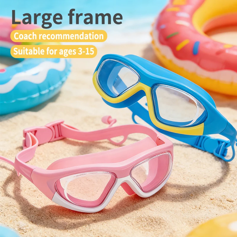 Kinder-Schwimmbrille für 3-12-Jährige, Verbessertes Design mit Ohrenschutz, Weitwinkel Anti-Beschlag Wasserdichte Schwimmbrille