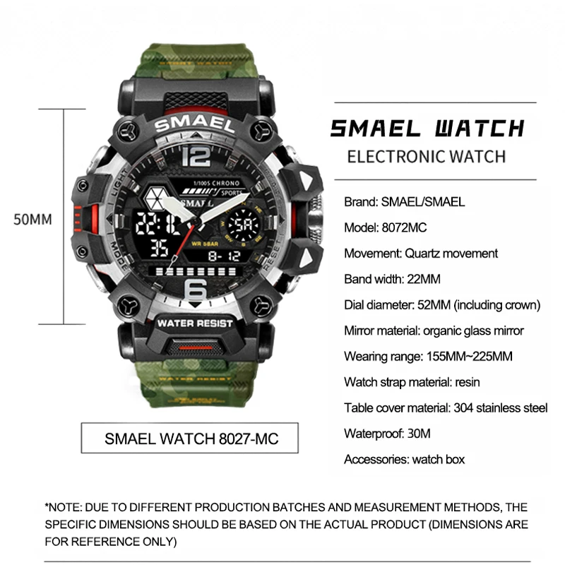 Smael-男性用ミリタリーウォッチ,オリジナルスポーツクロノグラフ,耐水性クォーツ時計,デジタル腕時計,高級ファッション