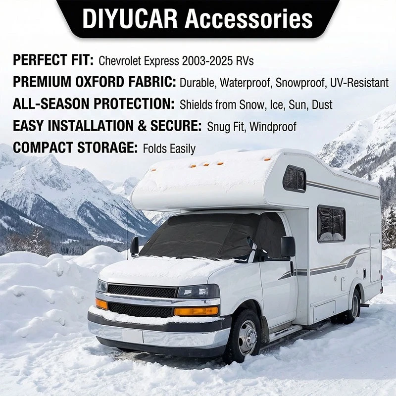 

Защитный чехол от снега для лобового стекла Chevrolet Express Class C RV Motorhome, черный, из ткани Оксфорд, защита от инея, автомобильные аксессуары