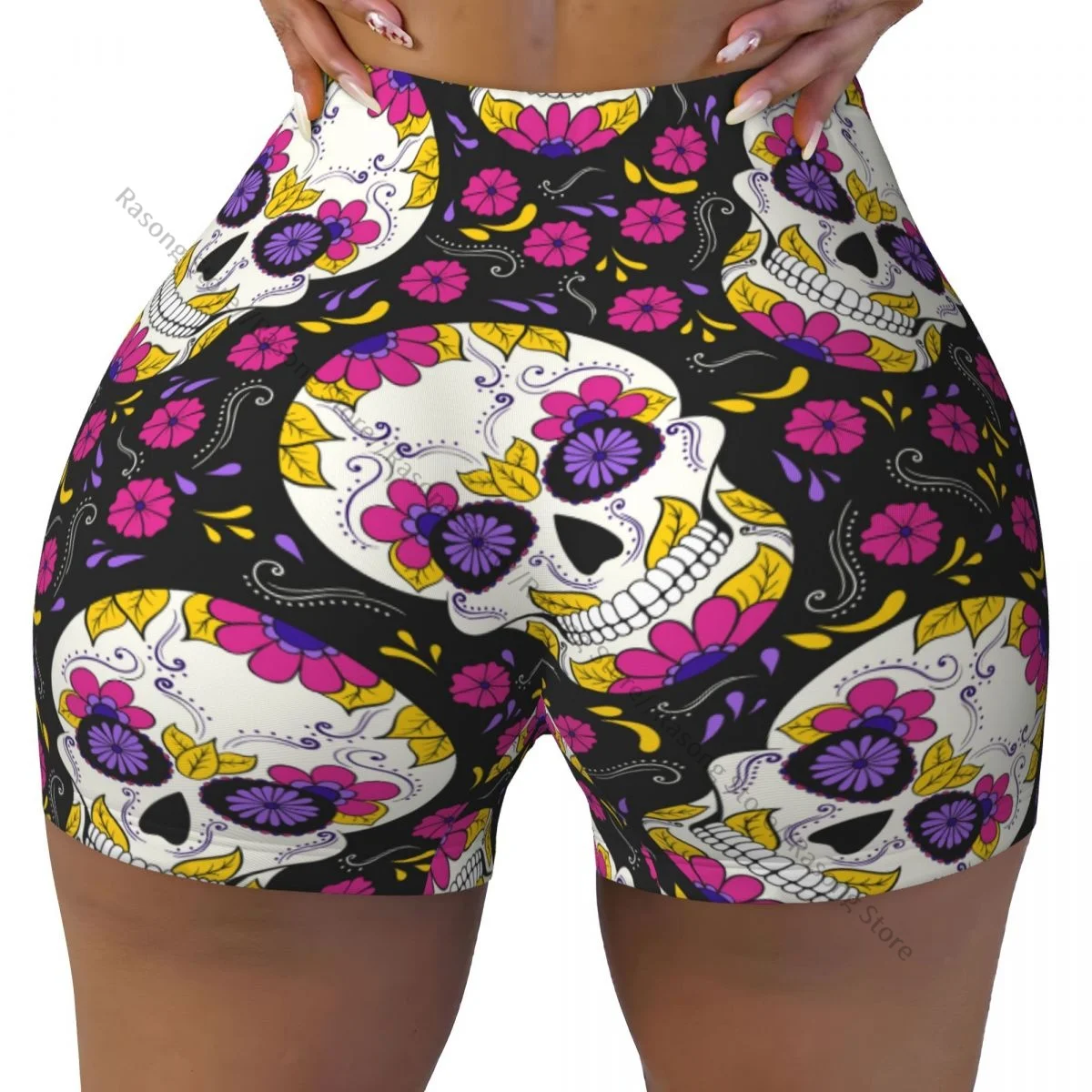 Sexy tight hip sports shorts Day Of The Dead Skull With Floral fitness women's comfortable yoga shorts