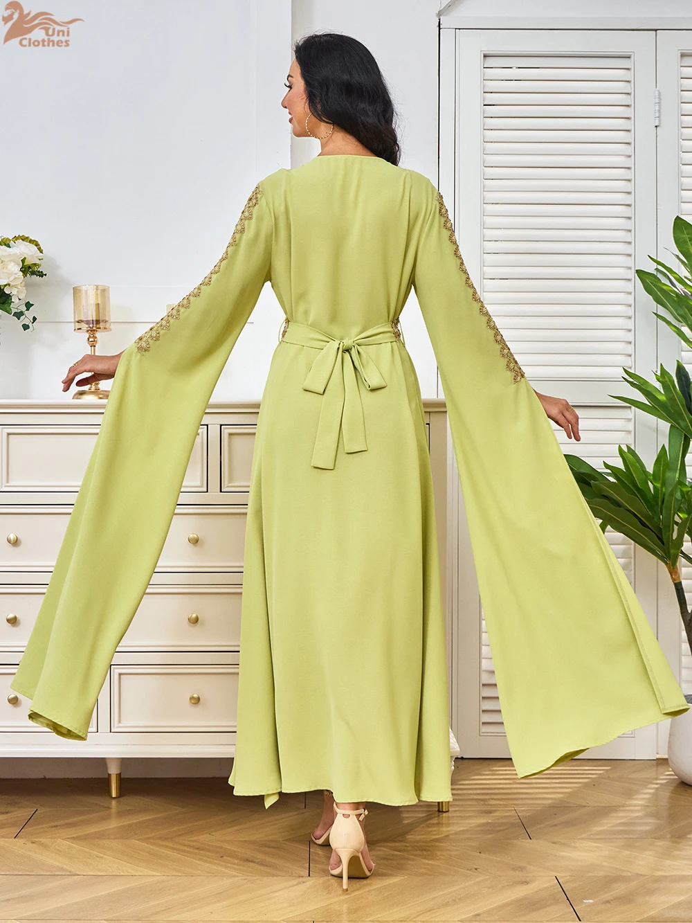 Uni Muslim Saudi Women Elegant Ethnic Dresses With Sashes Lace Tape Super Long Sleeve Turkish African Party Abayas 2026