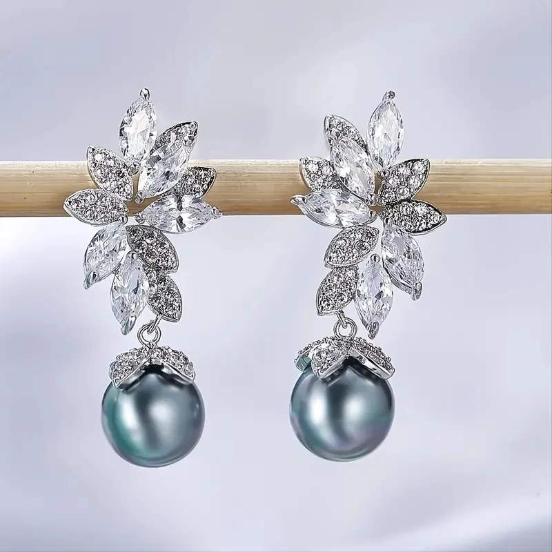 Huitan Multi Colored Imitation Pearl Dangle Earrings Leaf Design Aesthetic Earrings for Women Dazzling CZ Luxury Trendy Jewelry