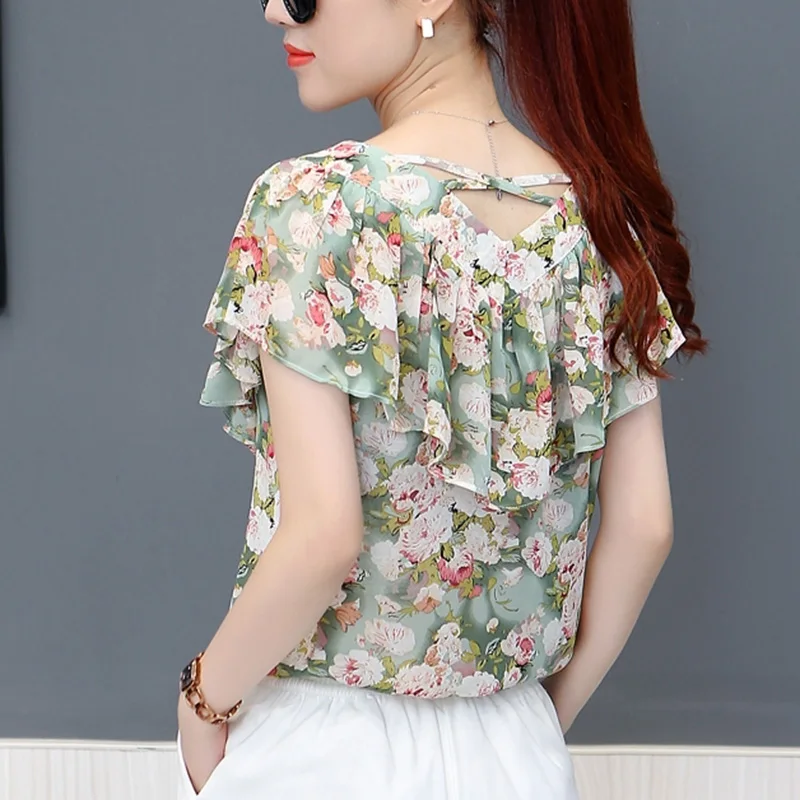 Fashion V-Neck Printed Spliced Loose Ruffles Chiffon Blouse Women\'s Clothing 2023 Summer New Casual Pullovers Office Lady Shirt