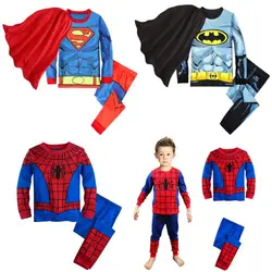 Bambini Super Hero Captain America Batman Cosplay pigiama Cartoon Spider-Man manica lunga Top + Pant + Cape Suit 2-8T Baby Sleepwear