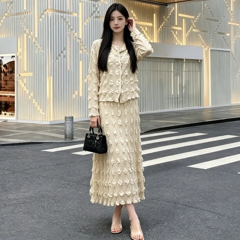 Brick Pattern Pleated Skirt Set for Women Plisse Elegant and Stylish Design Bouncy 2026 Autumn New Versatile Two-Piece Skirt Set