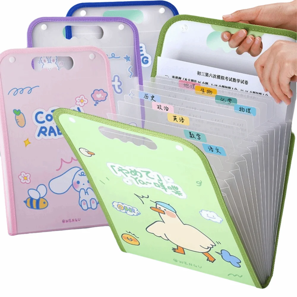 

Large Capacity A4 File Folder Waterproof Cartoon Animal Test Paper Storage Bag Handheld 13-Layer Test Paper Clip