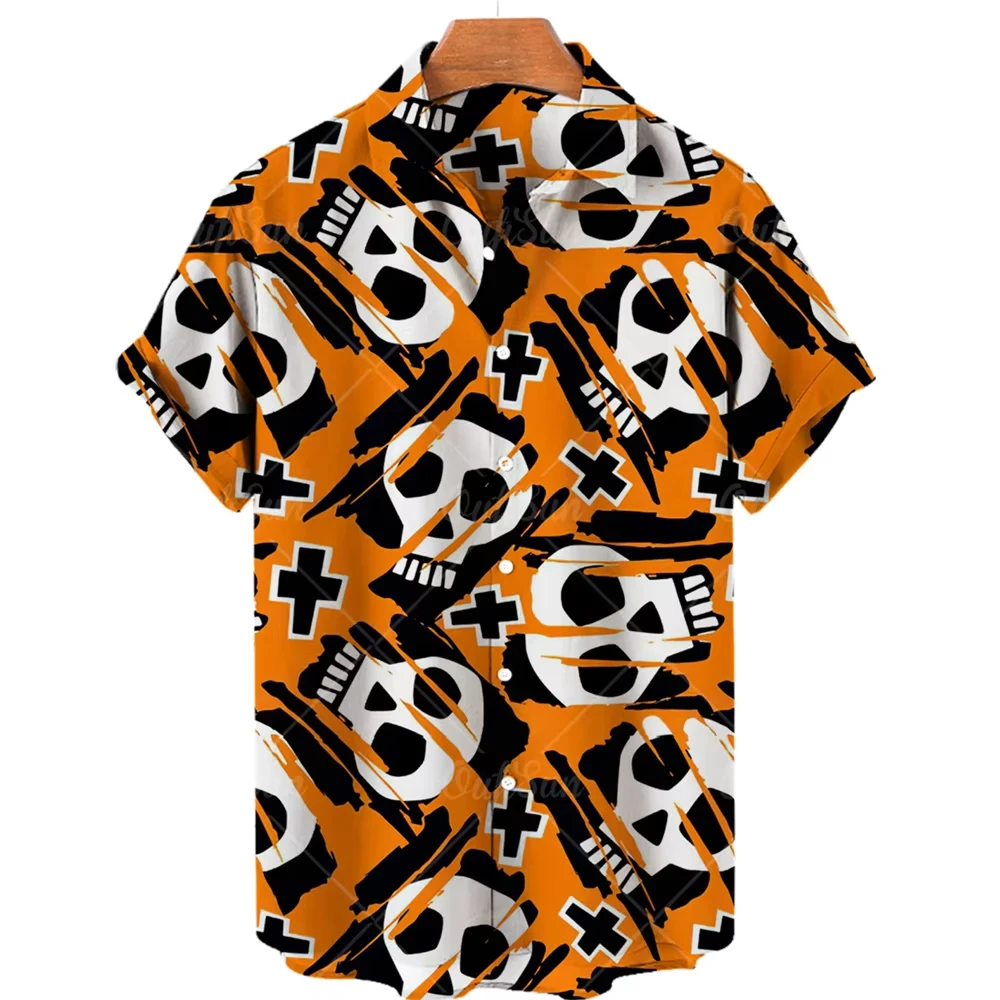 2025 Crânio Camisas dos homens Lapela Streetwear Camisa Do Vintage Para Homens Rua Hip Hop Manga Curta Top Festa Verão Homens Camisas Havaianas