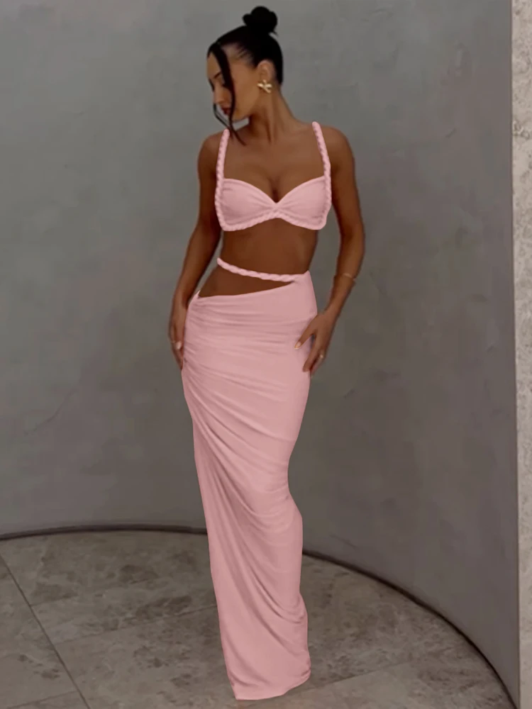 Sisterlinda Woven Sexy 2 Piece Set Stunning Hot Solid Pleated Crop Camisoles+High Waist Maxi Skirts Female Trend Vacation Outfit
