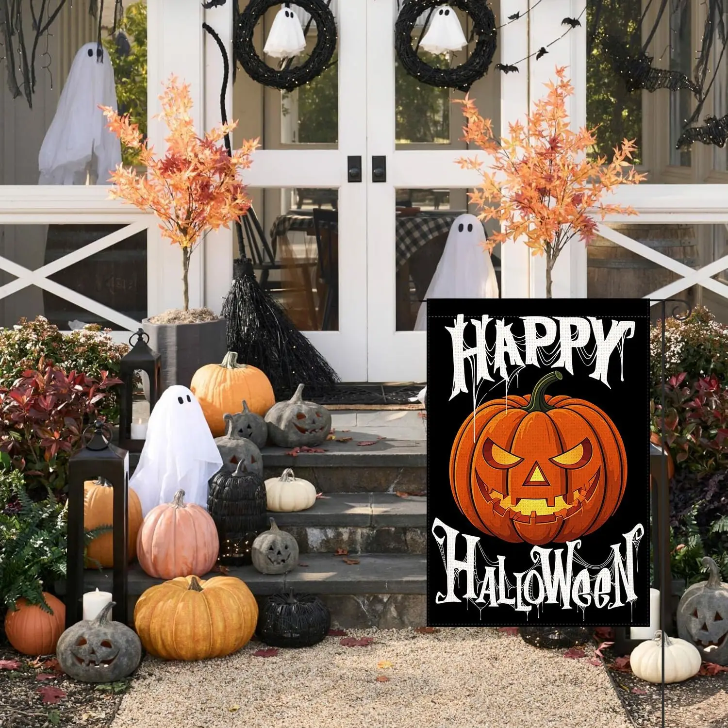 LosFong Happy Halloween Garden Flag 12x18 Inch Double Sided Burlap Scary Halloween Pumpkin Small Yard Flag for Outside Decor llp