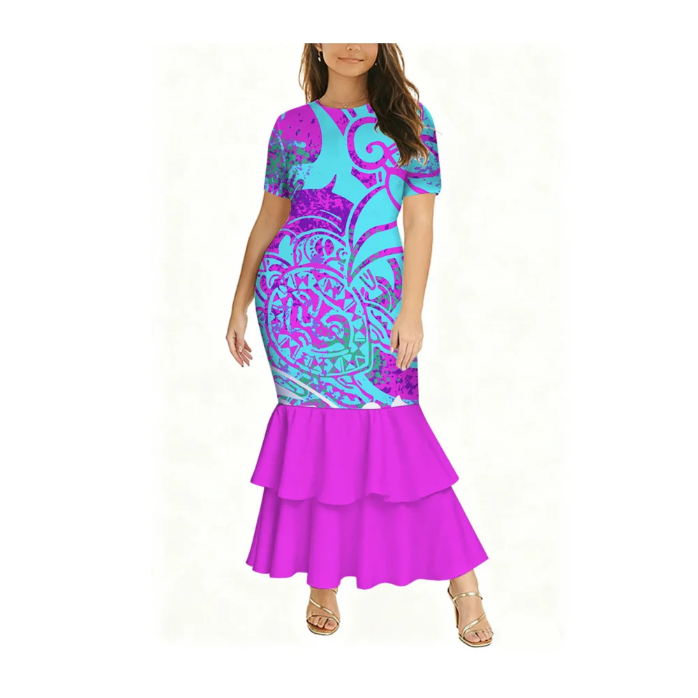 Summer Polynesian Ladies' Round-Neck Short-Sleeved Fitted Fishtail Dress Is Elegant And Stylish Casual Evening Gown