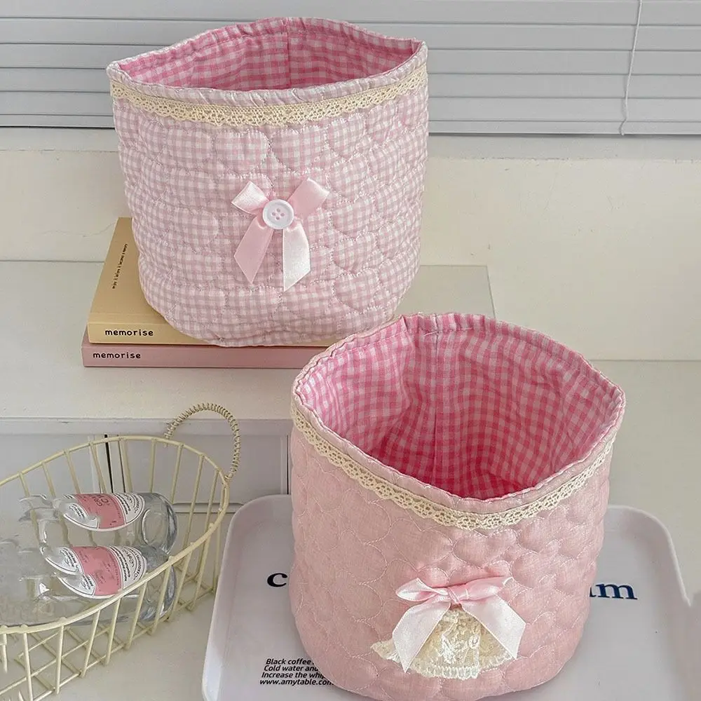 Cute Love heart Storage Box Quilting Cotton Round Organizer Box Large-capacity Bow Desktop Storage Basket Home Decoration