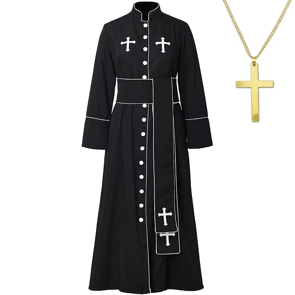 

Костюм благородного священника, религиозный пастор, римская ряса с поясом и крестом, ожерелье, Хэллоуин, карнавальная вечеринка, униформа, костюм 2025