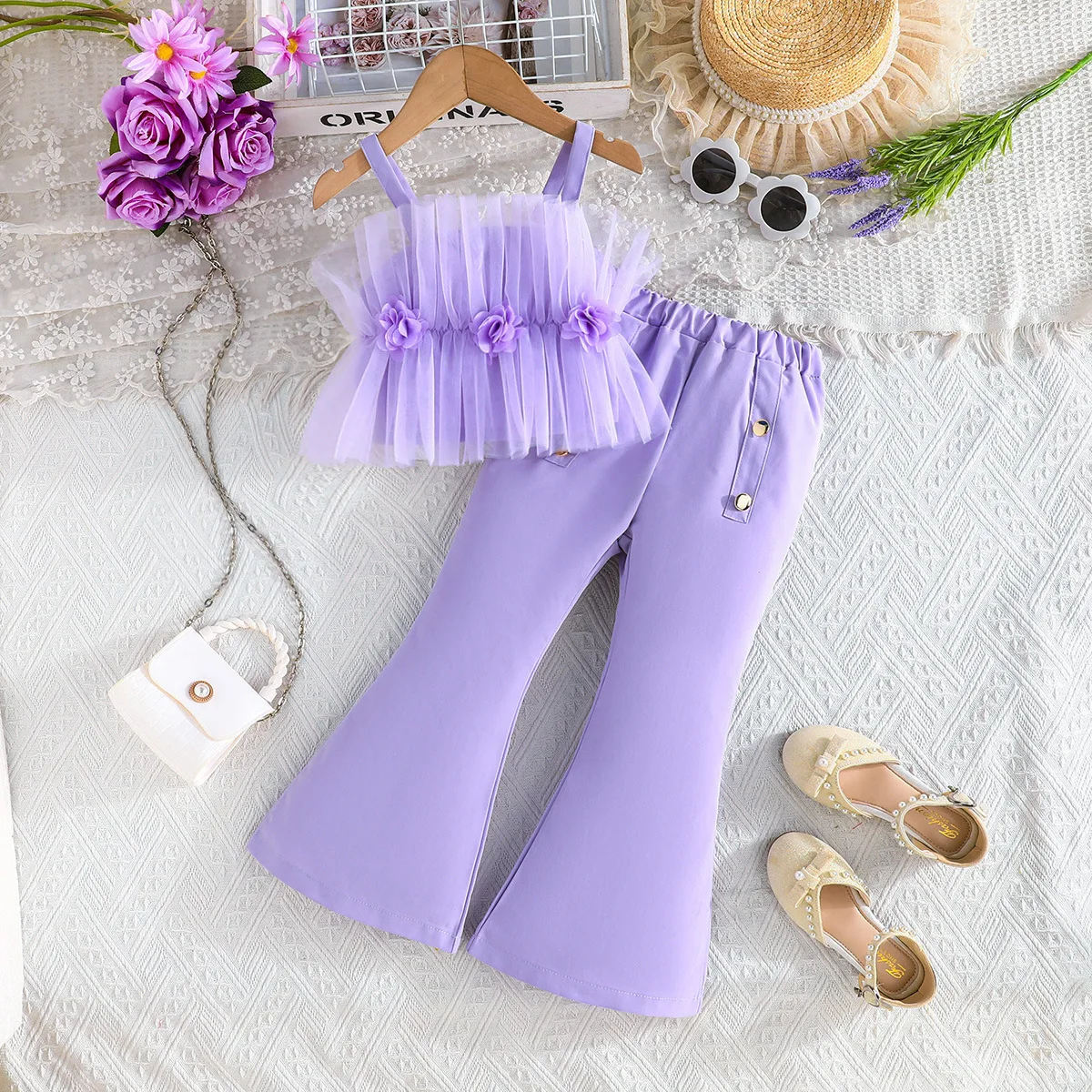 

Fashion Kid Girl Two Piece Set Tulle Halter Top Flower Flared Pants Button Decoration for Children Casual Wear Baby Clothes
