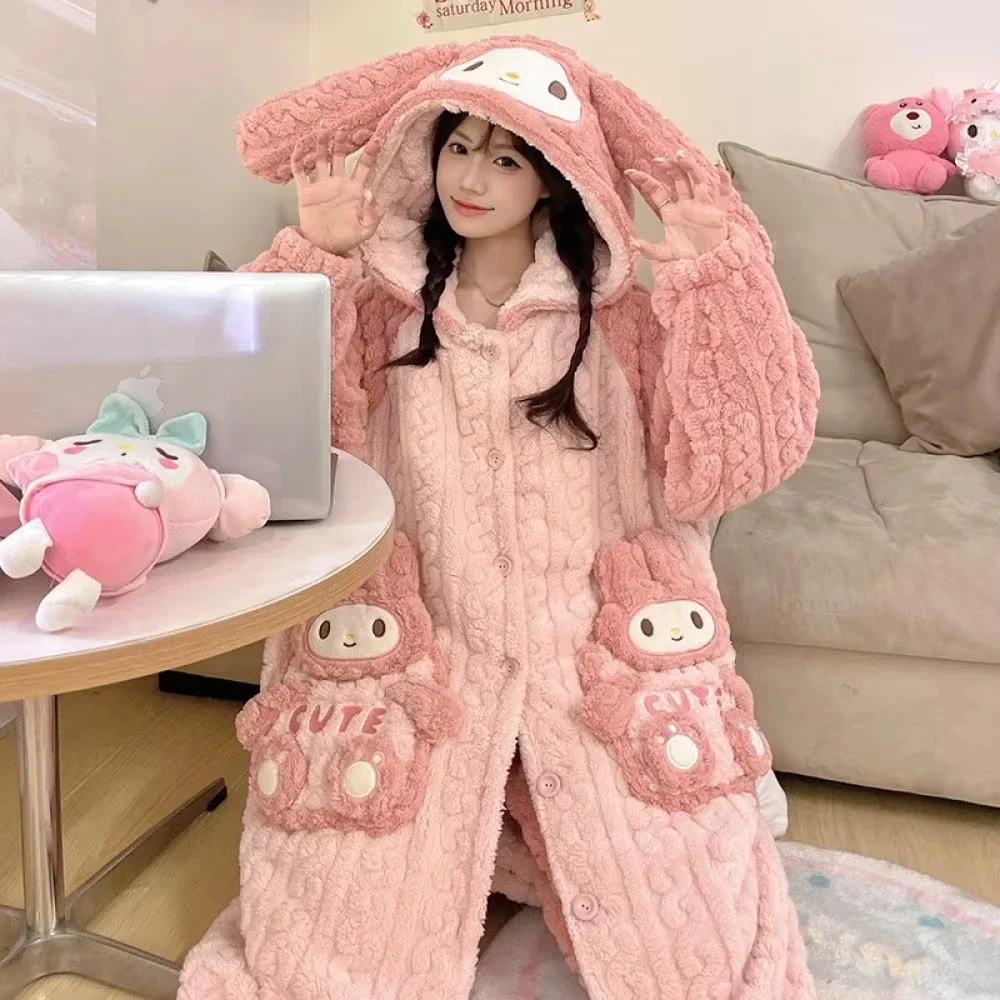 

Kawaii My Melody женский плюшевый пижамный костюм аниме коралловый флис теплая домашняя одежда зимняя кухонная ночная рубашка с героями мультфильмов для девочек Рождественский подарок