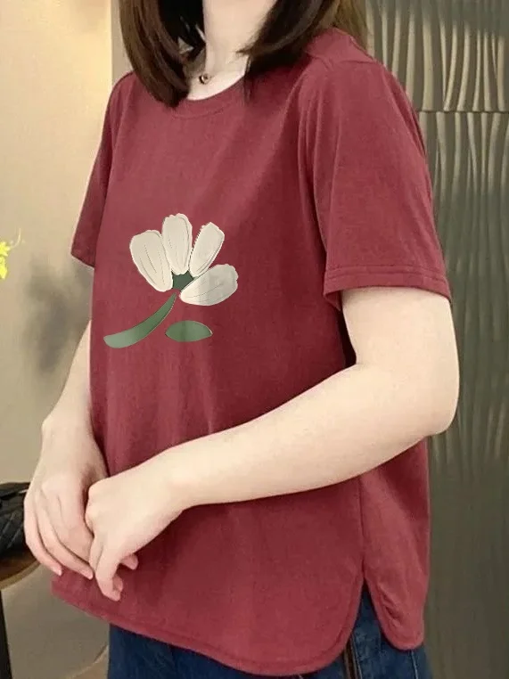 

New Loose Short Sleeve Printed T-Shirt Women's Casual round Neck Top Slimming Mommy Fashion Middle-Aged And Elderly Women's Wear