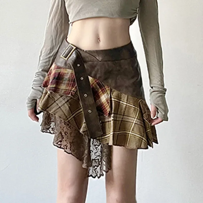 European and American retro niche design irregular plaid contrasting leather belt splicing wasteland style A-line skirt new