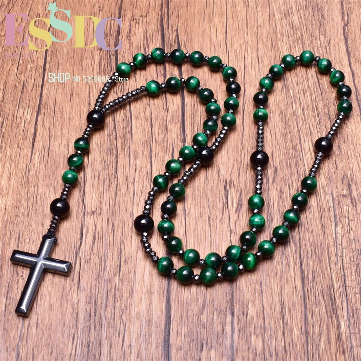 Obsidian Black Agate Malachite Tiger Eye Stone African Pine Beaded Hematite Black Gallstone Cross Pendant Necklace Charm Gift