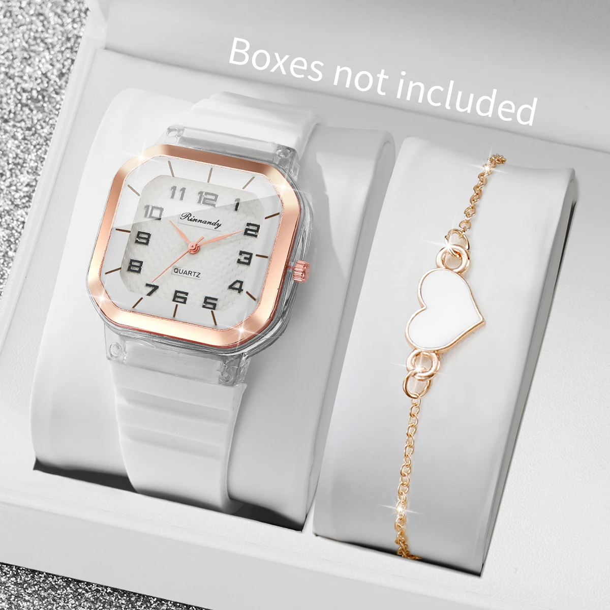 2PCS Fashion Square Women Wristwatch Heart Bracelet Set Silicone Strap Quartz Watch For Ladies Clock Reloj Mujer (Without Box)